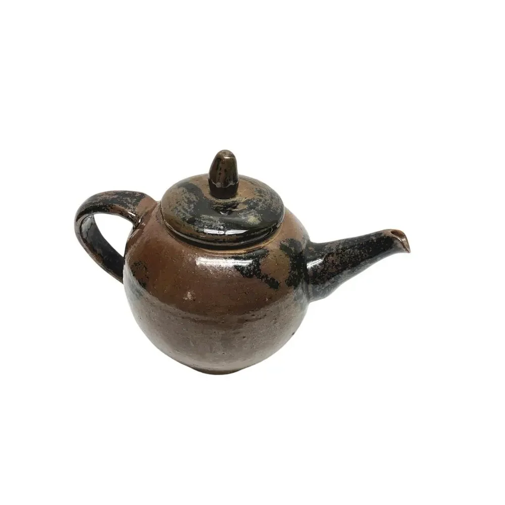 VTG Studio Stoneware Pottery Teapot  Signed Brown Black Splatter Design